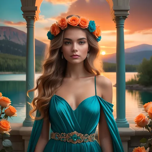 Prompt: Bathed in the warm glow of a breathtaking sunset, a young woman stands gracefully at the forefront of a serene lakeside scene. Her long, flowing hair falls in soft waves, adorned with a vibrant crown of orange and turquoise roses that echo the colors of her elegant evening gown. The dress, a stunning shade of teal, features billowing sleeves and a jeweled belt that accentuates her waist, creating a harmonious blend of sophistication and natural beauty. Behind her, majestic mountains rise against a backdrop of a vividly painted sky, reflected in the tranquil waters of the lake, while lush greenery frames the picturesque setting. The overall atmosphere radiates a sense of serenity and enchantment, inviting viewers to immerse themselves in this magical moment.