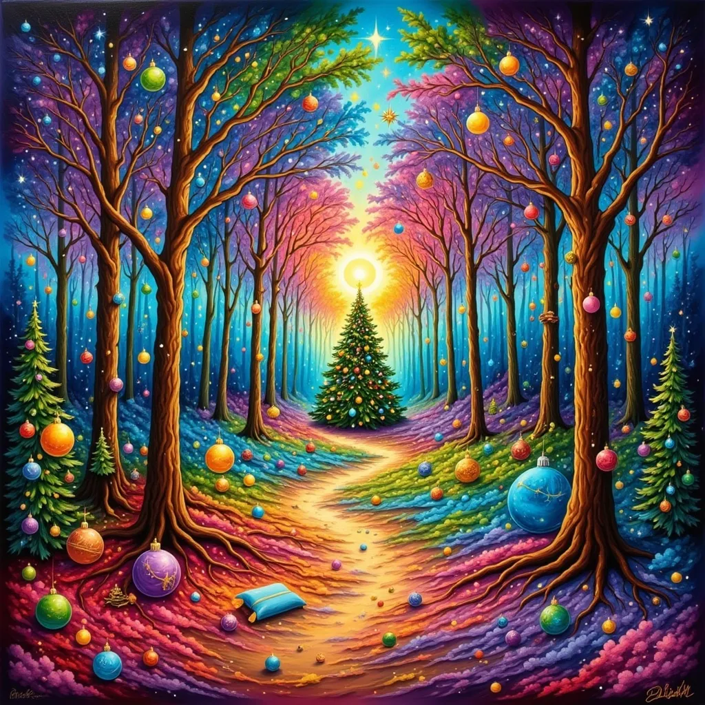 Prompt: a painting of a path leading to a christmas tree in the woods with a sun shining through the trees, Anne Stokes, magical realism, magical, a storybook illustration