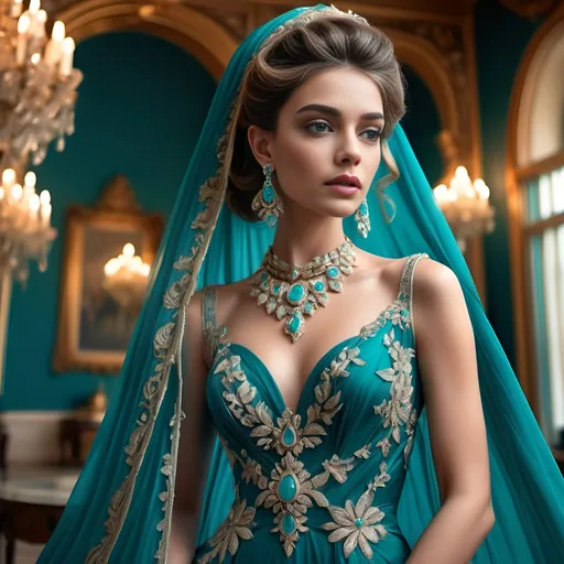 Prompt: Draped in a stunning teal gown adorned with intricate floral embroidery, the elegant woman exudes grace and regal charm, complemented by exquisite jewelry featuring turquoise stones. Her hair, elegantly styled, is partially covered by a flowing veil that cascades behind her, while her confident gaze captures a mix of poise and allure. Set against the backdrop of an opulent palace with grand domes and reflective waters, the vibrant colors and rich architectural details enhance the enchanting atmosphere. The soft sunlight filtering through the structure casts a warm glow, enriching the scene and creating a sense of serenity and celebration. This image conveys a story of beauty, elegance, and a moment of timeless majesty.