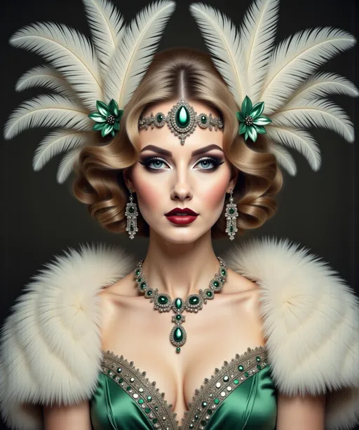 Prompt: a woman with green eyes wearing a green dress and a tiara with  and a feathered headpiece, Edwin Georgi, art deco, highly detailed digital painting, an art deco painting