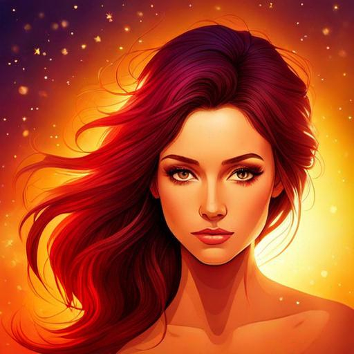 Prompt: A female , warm colors,  fireflies in hair, fiery background, closeup