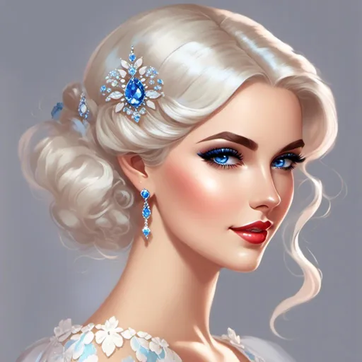 Prompt: <mymodel>A beautiful woman, snow white hair with pastel highlights, frosty blue eyes, blue eyeshadow, blue jewels on forehead