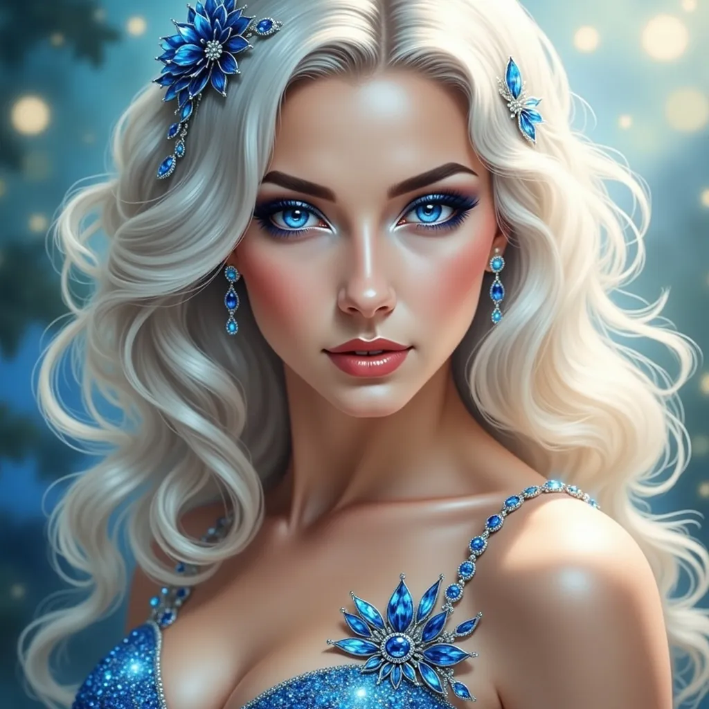 Prompt: (woman with platinum hair and blue eyes), striking facial features, (intense gaze), flowing hair illuminated by soft light, ethereal beauty, elegant pose, dreamy background, delicate colors, tranquil ambiance, (highly detailed), enchanting atmosphere, soft focus, ultra-detailed, cinematic depth, visually captivating masterpiece.