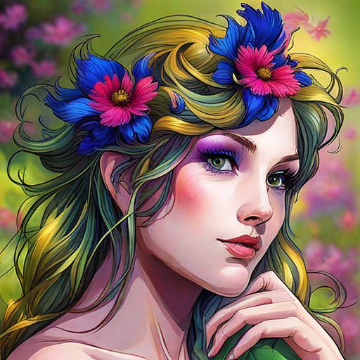 Prompt: a fairy of spring, ,wildflowers, vivid colors,  facial closeup