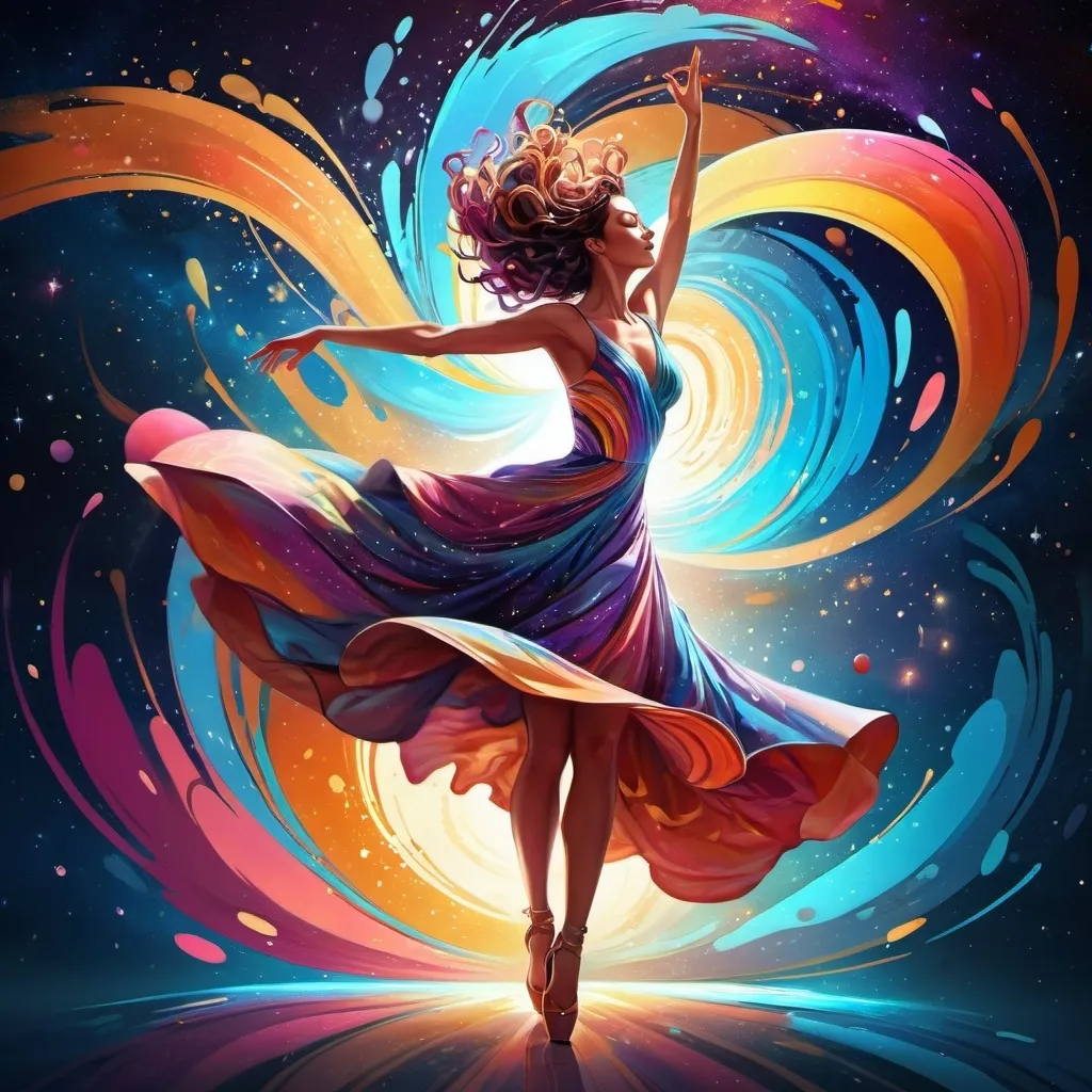 Prompt: a woman in a colorful dress is dancing in the air with her arms outstretched in the air and a colorful swirl around her, Cyril Rolando, space art, highly detailed digital painting, an ultrafine detailed painting