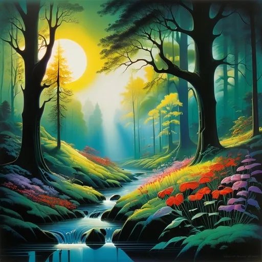 Prompt: a stream in a forest with trees and grass on both sides of it and a bright sun shining through the trees, bright bursts of colorful flowers.  Eyvind Earle, magic realism, fantasy artwork, an airbrush painting