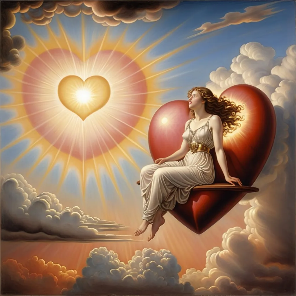 Prompt: a painting of a woman sitting on a heart shaped object in the sky with clouds surrounding her and a sun shining through the heart, Evelyn De Morgan, fantasy art, radiant light, an airbrush painting