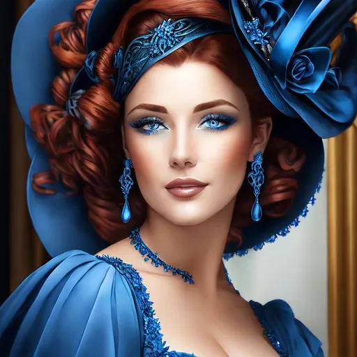 Prompt: Beautiful woman with blue eyes & Auburn hair, blue jewelry, intricate oval face, elegant & elaborate blue formal dress with velvet and lace detailing, blue milliner's hat, fair skin, upturned nose, full bosomy figure, blue high heels, sitting for a portrait, 8k, realistic, elegant, detailed, formal attire, intricate jewelry, portrait sitting, blue color scheme, fair complexion, exquisite hair, high-quality lighting