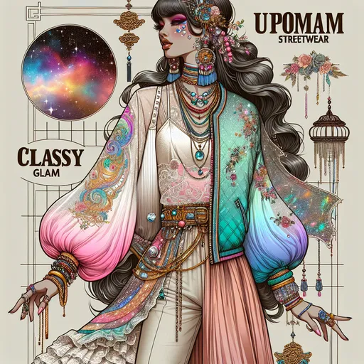 Prompt: fashion illustration, utopian streetwear boho outfit, cosmic 60s meets classy glam, opulent jewelry, sophisticated, long hair, captivating dynamic composition, ruffles, lace, puff sleeves, pastel rainbow colors, chinese