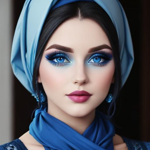 Prompt: A woman all in blue, blue eyes, pretty makeup wearing a blue head scarf