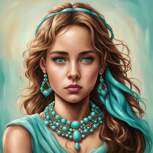 Prompt: Detailed realistic digital portrait of a young girl, brown eyes, turquoise and magenta jewelry