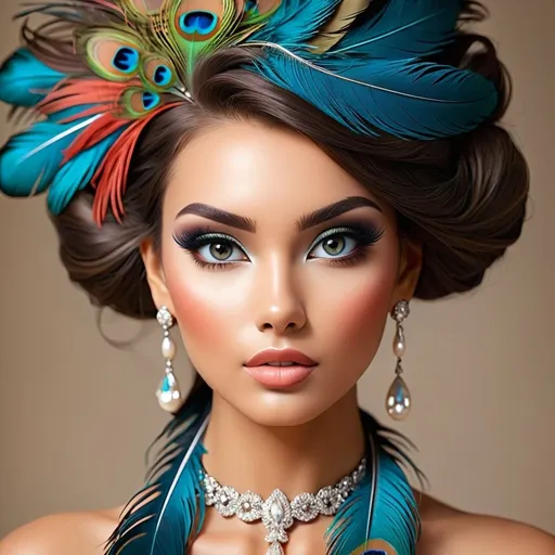 Prompt: <mymodel>beautiful makeup and hair on a gorgeous woman, paccock feathers in her hair