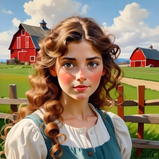 Prompt: <mymodel>a pretty farm girl in a classic farm scene with a red barn, rustic countryside setting, vibrant green pastures, traditional wooden fences, clear blue sky, high quality, oil painting, classic style, warm tones, natural lighting