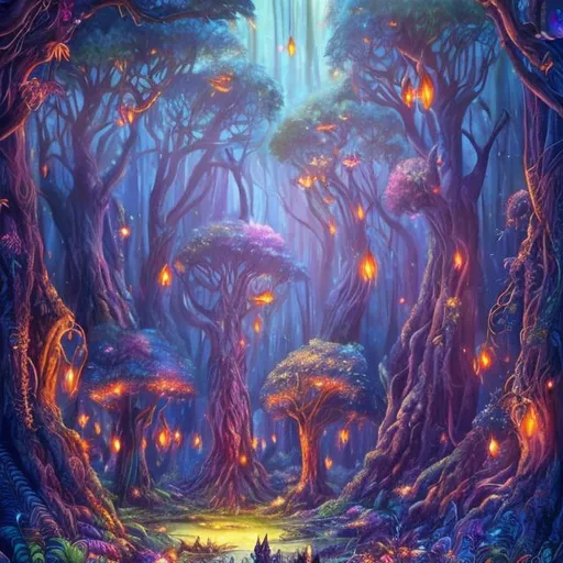 Prompt: Fantasy illustration of a mystical forest, enchanted fairytale theme, rich and vibrant colors, magical creatures roaming, ancient towering trees, sparkling fireflies filling the air, whimsical and dreamy atmosphere, high quality, fantasy, enchanted, vibrant colors, magical creatures, towering trees, fireflies, whimsical, dreamy, atmospheric lighting