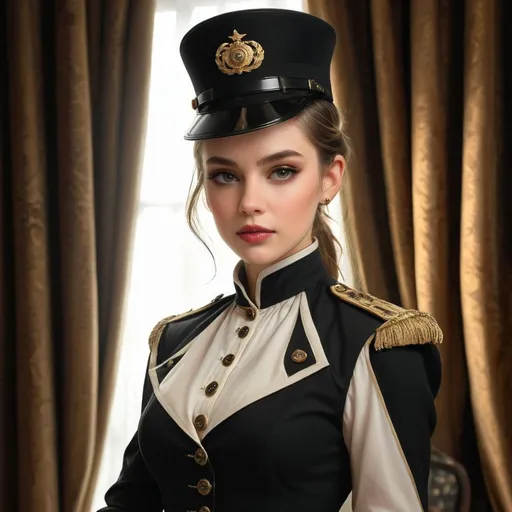 Prompt: Draped in a sophisticated black uniform with ornate gold buttons, a young woman exudes elegance and confidence, her poised expression drawing immediate attention. The ensemble is accented by a high-collared white shirt and a distinctive hat adorned with decorative elements, framing her delicate features and enhancing her striking makeup. Set against a backdrop of rich, flowing brown curtains that suggest a sense of intimacy, the lighting subtly highlights her graceful silhouette and the intricate details of her attire. The overall mood of the scene combines historical charm and modern sophistication, evoking a narrative of power and elegance that invites contemplation about her story and role.
