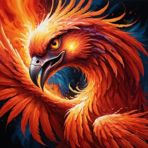 Prompt: Vibrant, high-contrast painting of a fiery phoenix, bold red and orange hues, dynamic and fierce energy, swirling flames and feathers, 4k, ultra-detailed, abstract, intense red, dramatic lighting, passionate