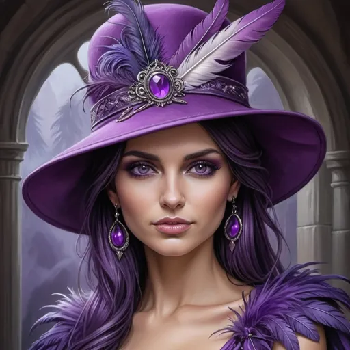 Prompt: <mymodel> a woman wearing a purple hat and purple dress with feathers on it and a purple dress with a purple sash, Anne Stokes, fantasy art, highly detailed digital painting, a detailed painting