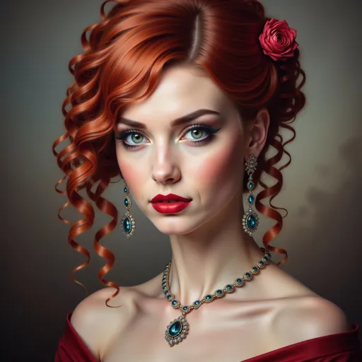 Prompt: a woman with red hair and a necklace on her neck is looking at the camera with a serious look on her face, Elina Karimova, photorealism, highly detailed digital painting, a photorealistic painting