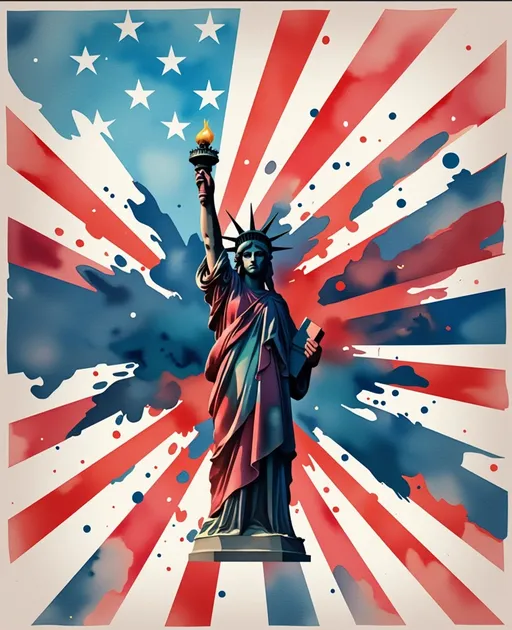 Prompt: A striking depiction of the Statue of Liberty takes center stage, rendered in bold lines and shadows that highlight her iconic figure. She stands proudly, holding a torch aloft in her right hand, symbolizing enlightenment and freedom, while her left hand grasps a tablet. Behind her, a dramatic backdrop bursts with red and blue rays, reminiscent of the American flag, creating a powerful sense of patriotism and vigor. The artwork employs a vibrant color palette, with a mix of deep hues and stark contrasts, lending dynamic energy to the composition. This illustration captures the essence of American ideals, evoking feelings of hope and resilience through its imaginative and graphic style.