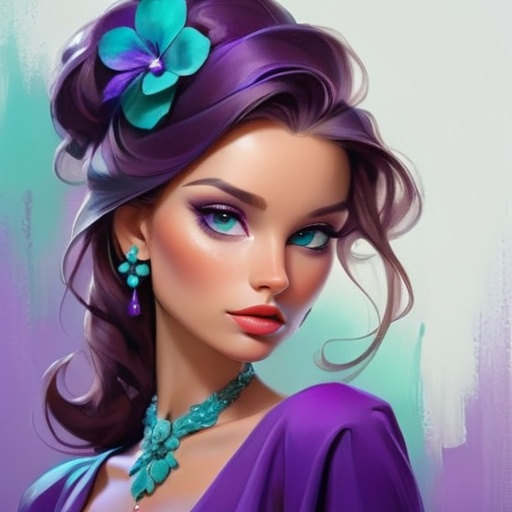 Prompt: Elegant lady in colors of purple and turquoise