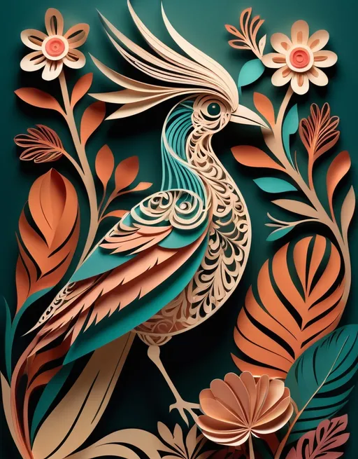 Prompt: A digital artwork of an exotic bird with intricate feather details, set in a serene landscape with stylized floral elements and soft, warm lighting.