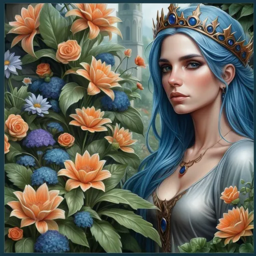 Prompt:  a woman with blue hair and a crown on her head, surrounded by flowers and plants, Anne Stokes, fantasy art, highly detailed digital painting, a detailed painting