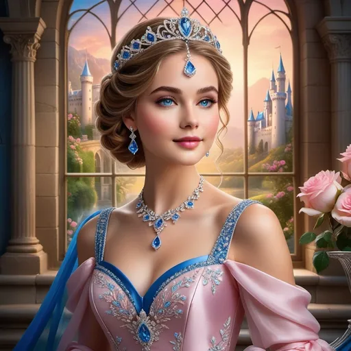 Prompt: Radiating elegance and charm, a regal young woman adorned in a stunning blue gown stands before an intricately designed window that frames a picturesque castle landscape beyond. Her hair is styled in a luxurious updo, embellished with a delicate tiara featuring sparkling jewels and soft pink roses that complement the vibrant hues of her attire. A cascade of diamonds rests around her neck and ears, glinting softly as she gazes ahead with striking blue eyes and a gentle smile, evoking an air of grace. The scene is infused with a dreamy quality, enhanced by the warm lighting that bathes the room, while blooming pink roses nearby add a romantic touch to this fairy tale setting.