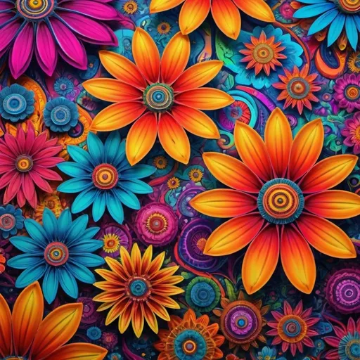 Prompt: Bright psychedelic flowers, vibrant colors, intricate and detailed petals, high quality, surreal, surrealism, ultra colorful, wild and chaotic, vibrant lighting