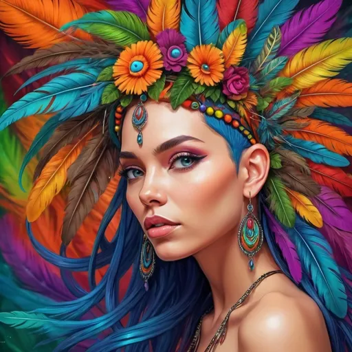 Prompt: <mymodel> a woman with colorful hair and earrings on her head, with a colorful background of feathers and leaves on her head, Android Jones, psychedelic art, highly detailed digital painting, an airbrush painting