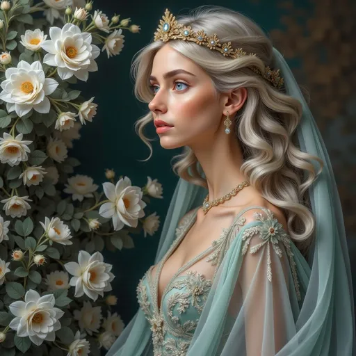 Prompt: Bathed in soft, ethereal light, a striking figure embodies grace and elegance, her delicate features framed by cascading waves of long blonde hair. Adorned with a golden crown and wearing an intricately designed gown in soft teal, she gazes contemplatively to the side, accentuated by the sheer fabric of her flowing veil. Surrounding her are lush clusters of white roses, creating a romantic and serene backdrop that contrasts beautifully with the rich, deep green of the setting. The overall composition exudes a timeless beauty, evoking a sense of fairy-tale enchantment, where every detail underscores a mood of tranquility and refinement.