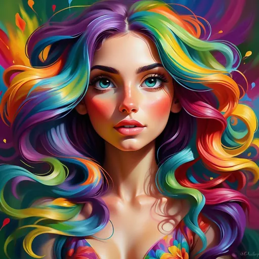 Prompt: Colorful digital painting of a vibrant young woman, oil painting, flowing rainbow hair, bright floral background, high quality, detailed, vibrant colors, whimsical, fantasy, colorful lighting