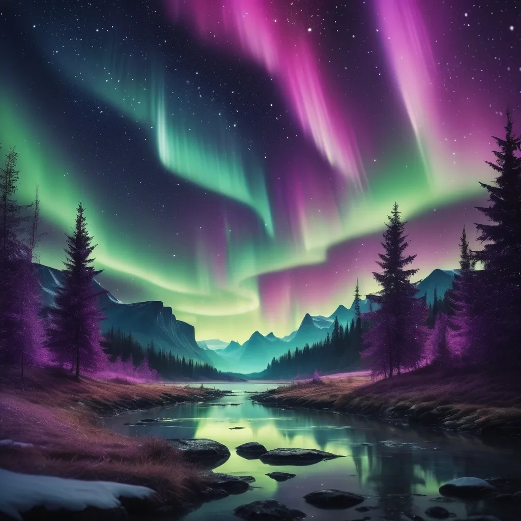 Prompt: Night sky with stars and aurora borealis purple