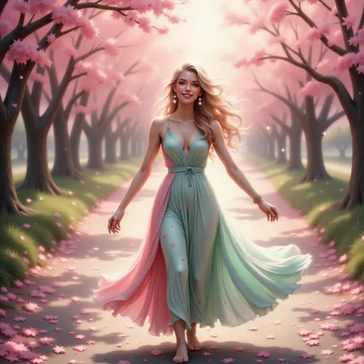 Prompt: Radiating joy amidst a breathtaking springtime scene, a young woman dances along a picturesque path adorned with blossoming cherry trees. Her flowing gown, a delicate gradient of soft pink and mint green, billows around her as she twirls, emphasizing her carefree spirit and vibrant smile. The light filters through the petals, casting a warm glow that enhances the lively atmosphere, while the dappled sunlight illuminates her golden hair, adding to the enchanting ambiance. This serene moment encapsulates the bliss and renewal of the season, evoking a sense of freedom and happiness in nature's embrace.