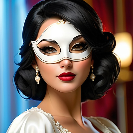 Prompt: white masquerade mask worn by an elegant lady with black hair, facial closeup