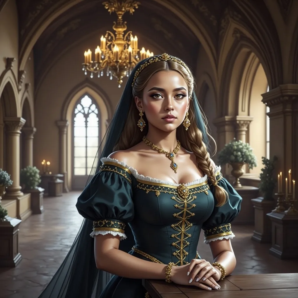 Prompt: a woman in a renaissance dress is posing for a picture in a castle like setting with a chandelier, Artur Tarnowski, renaissance, medieval, a character portrait