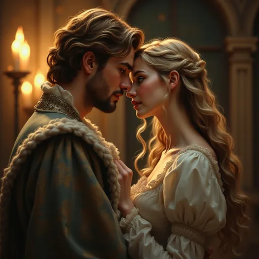 Prompt: Loving couple in 15th century attire, warm glow, romantic ambiance, intricate detailed costumes, soft fabric textures, tender expressions, lush historical setting, ornate background, candlelight illumination, richly decorated furnishings, nostalgic atmosphere, embracing each other, soft smiles, faded pastels and rich jewel tones, ultra-detailed, emotional harmony, timeless love, captured in high-quality artistry.