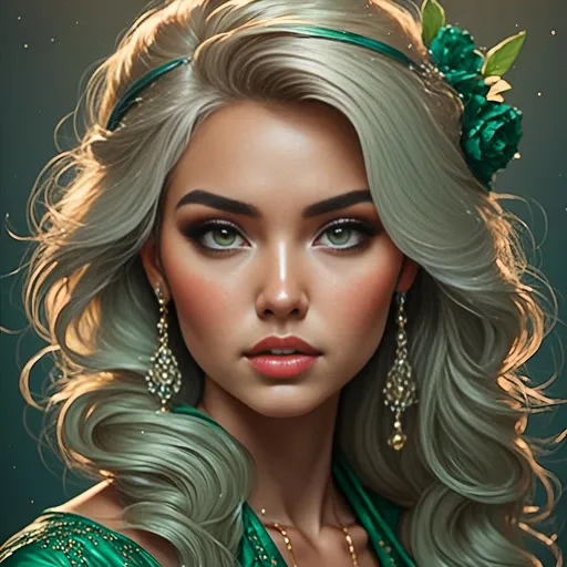 Prompt: <mymodel>Detailed illustration of a asian woman in vibrant green attire, large vivid green eyes, elegant makeup, digital painting, high resolution, realistic style, vibrant green, professional lighting