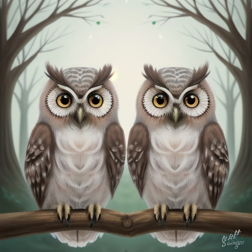 Prompt: Adorable illustration of two owls, soft pastel colors, dreamy forest setting, ultra-detailed feathers, big expressive eyes, whimsical, high quality, pastel colors, dreamy lighting