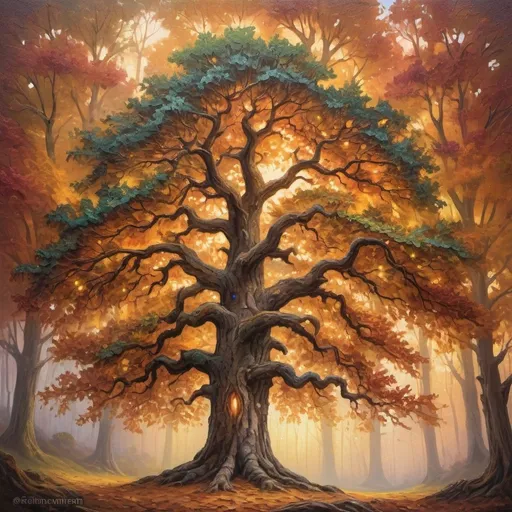 Prompt: Majestic oak tree in a mystical forest, oil painting, intricate and textured bark, vibrant autumn foliage, enchanting fairytale atmosphere, high detail, magical realism, warm and soft lighting, oil painting, mystical forest, vibrant autumn colors, textured bark, high detail, enchanting atmosphere, magical realism, warm lighting