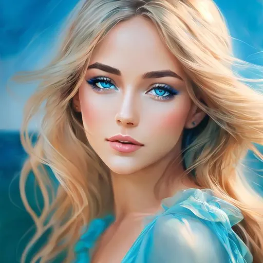 Prompt: Realistic portrayal of blue beauty, photorealistic, serene water reflection, detailed facial features, flowing blue gown, high resolution, vivid realism, professional, peaceful ambiance, calming lighting, elegant hair, graceful pose, tranquil atmosphere, photorealism, detailed eyes, flowing fabric, serene, calming tones, natural lighting