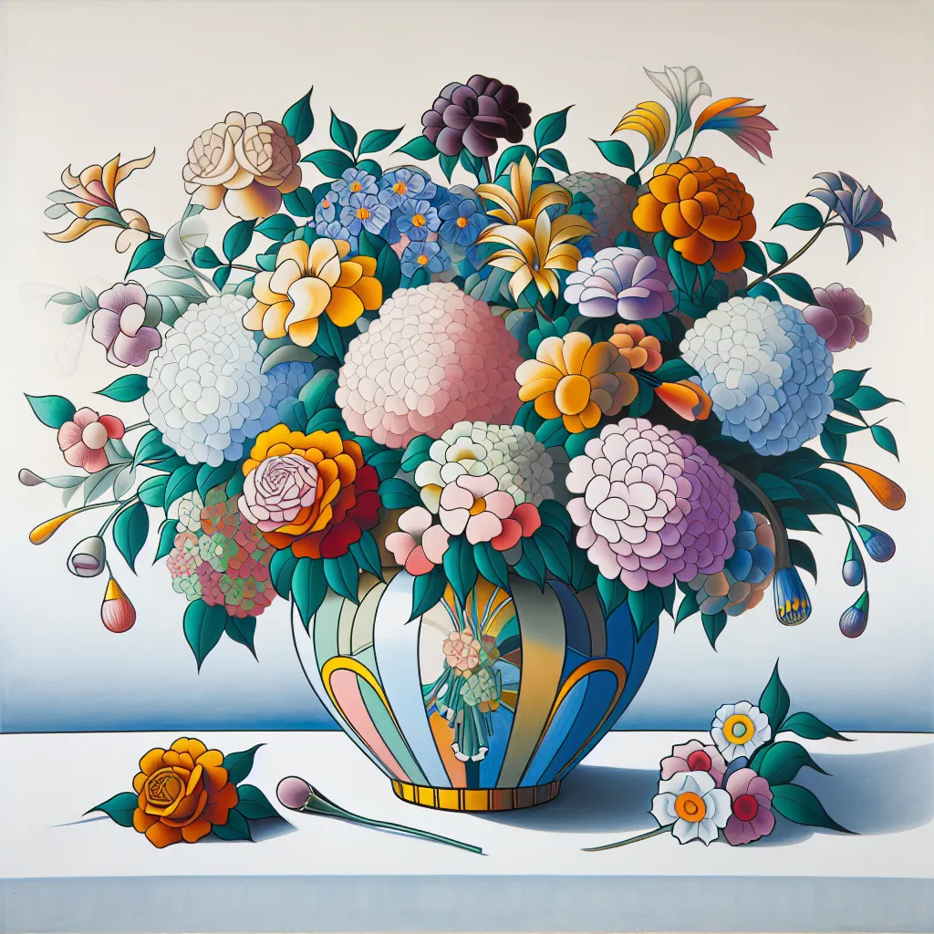 Prompt: a painting of a vase with flowers in it on a white background with a pastel background, Alison Kinnaird, cloisonnism, in gouache detailed paintings, an art deco painting