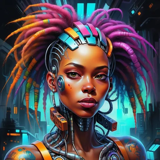 Prompt: a  cyborg woman with a weird hair and a colorful background is featured in this painting by artist marky k, Android Jones, afrofuturism, highly detailed digital painting, cyberpunk art