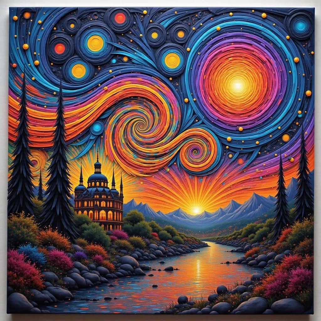 Prompt: a painting of a river with a sky full of stars and a building in the background with a star trail, Van Gogh, psychedelic art, intricate oil painting, a fine art painting