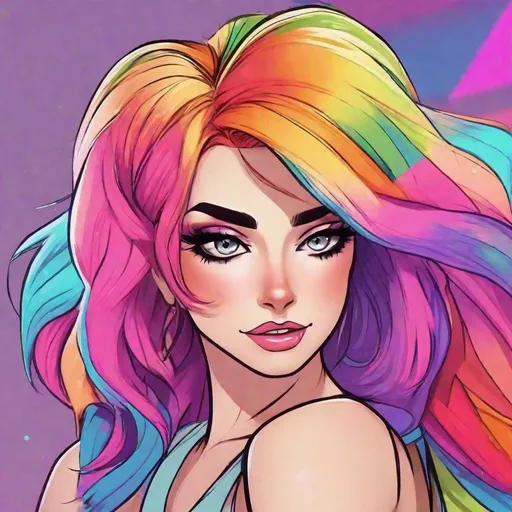 Prompt: pretty woman, rainbow hair, beautiful makeup,facial closeup, cartoon style