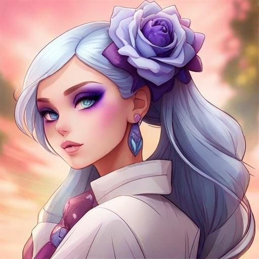 Prompt: A beautiful woman, white hair with pastel purple highlights, violet eyes, blue eyeshadow, pastel blue roses in her hair, blue jewels on forehead, cartoon style