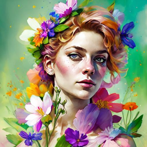 Prompt: a fairy of spring, ,wildflowers, vivid colors,  facial closeup