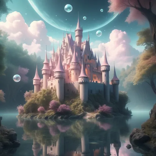 Prompt: A castle-ethereal dreamlike landscape, soft pastel colors, surreal and whimsical elements, inviting contemplation, awe-inspiring scenery, wispy clouds, gentle glowing light, tranquil water reflections, enchanting forest, serene ambiance, floating orbs of light, ultra-detailed, 4K quality, mystical allure, peaceful exploration herramienta.