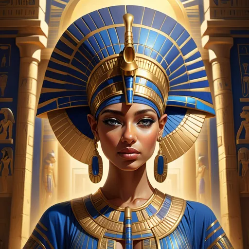 Prompt: Pharaoh's Daughter, (regal and dignified posture), wearing an ornate golden headdress, intricately detailed flowing robe adorned with vibrant color patterns of deep blue and rich gold. Set against the background of an opulent ancient Egyptian palace, opulent hieroglyphs visible, warm golden sunlight casting shadows, evoking a majestic and serene atmosphere. (highly detailed) (vibrant colors) (4K quality)