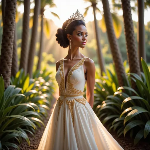Prompt: Bathed in glowing sunlight filtering through tall palm trees, a regal figure stands with poise in an opulent gown that marries intricate golden detailing with flowing white fabric, reminiscent of tropical elegance. Her hair, styled in a voluminous updo, is adorned with a matching golden crown that accentuates her graceful profile, casting a serene expression as she gazes thoughtfully into the distance. The lush greenery surrounding her and the soft, warm light create a dreamlike atmosphere, adding to the enchanting allure of the scene. The juxtaposition of her ethereal beauty against the natural tropical backdrop conveys a sense of majesty and tranquility, evoking a narrative of elegance and grace amidst nature's splendor.