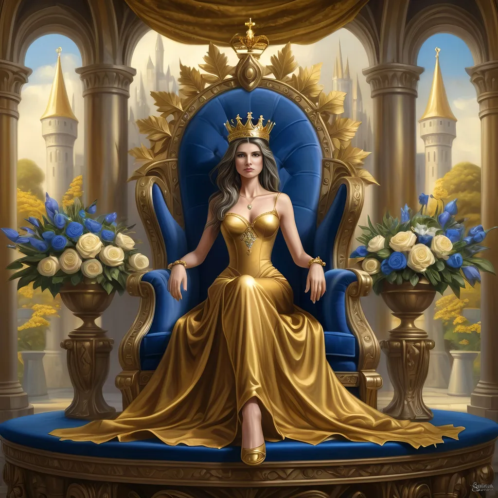 Prompt: a queen in a golden dress sitting on a blue velvet throne with flowers in the background and a gold crown on her head, Anne Stokes, fantasy art, highly detailed digital painting, a detailed painting
